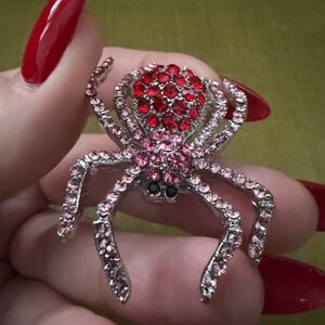 Elegant Red and Pink Crystal Spider Brooch